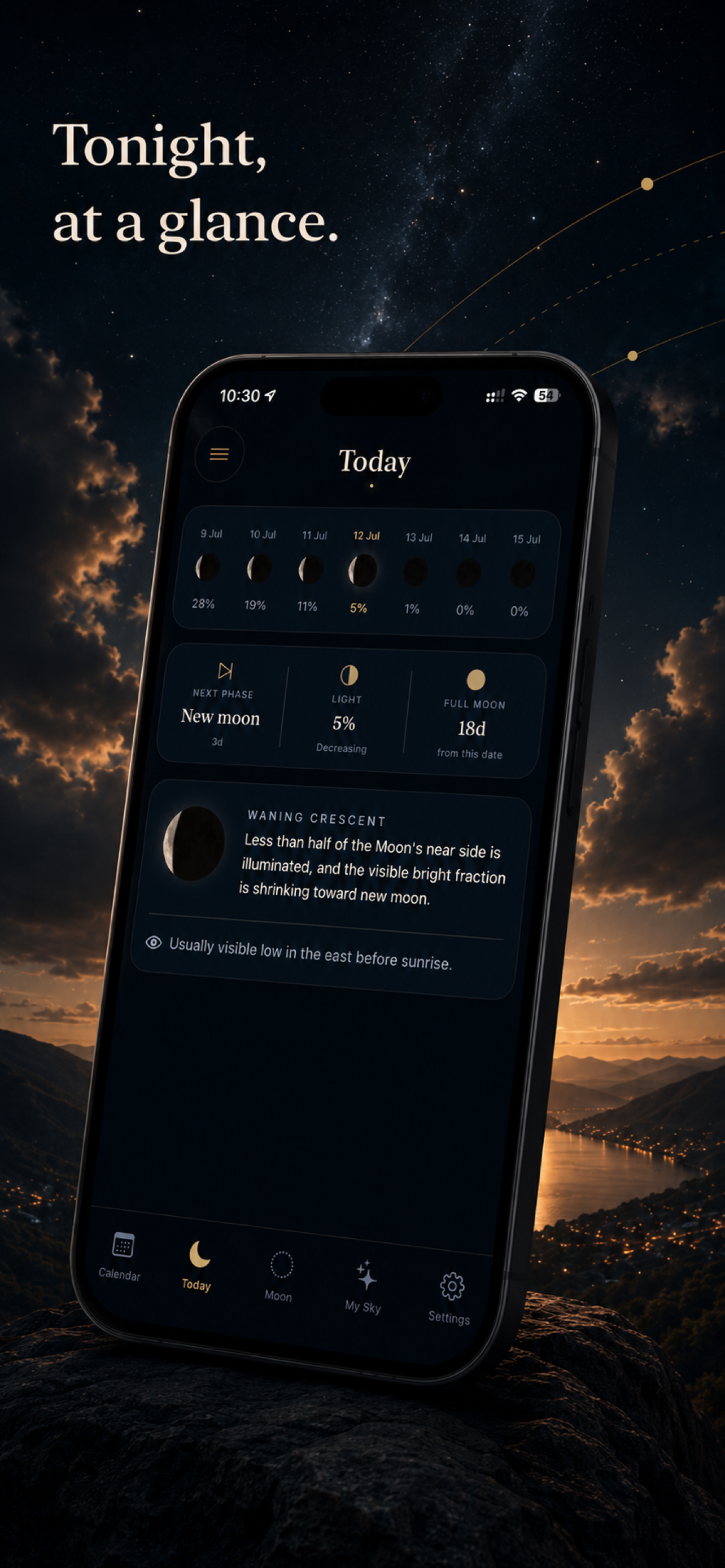 MoonPath Today screen with current lunar information